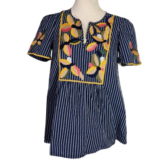 Madewell Navy Embroidered Floral Stripe Short Sleeve Boho Blouse Womens XSS - Picture 5 of 16
